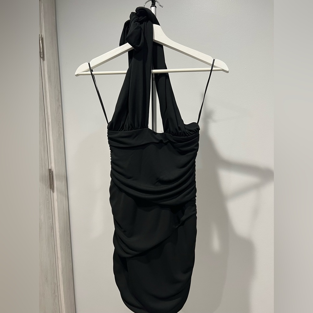 Halter tie criss cross open back ruche dress